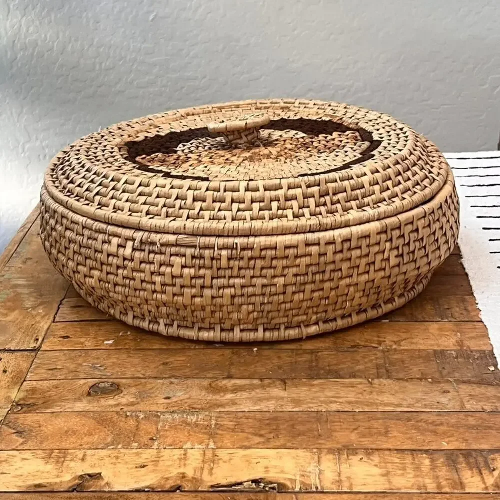 Coiled Pine Needle Round Lidded Basket 15.5